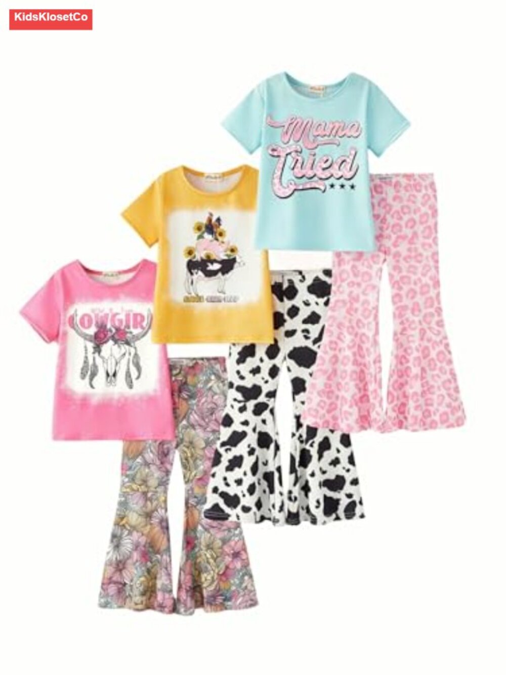 Girls 2-Piece Graphic Tee and Flare Pants Set 3-Pack Stretchy Soft
